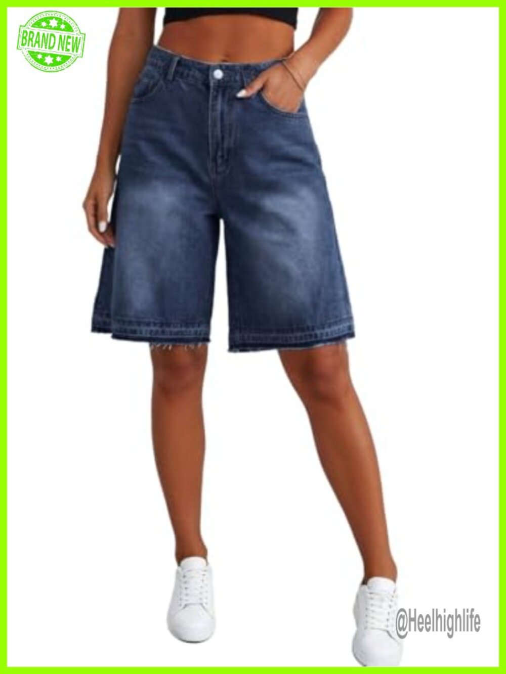 Plus Size High Waisted Bermuda Denim Shorts Wide Leg Knee Length